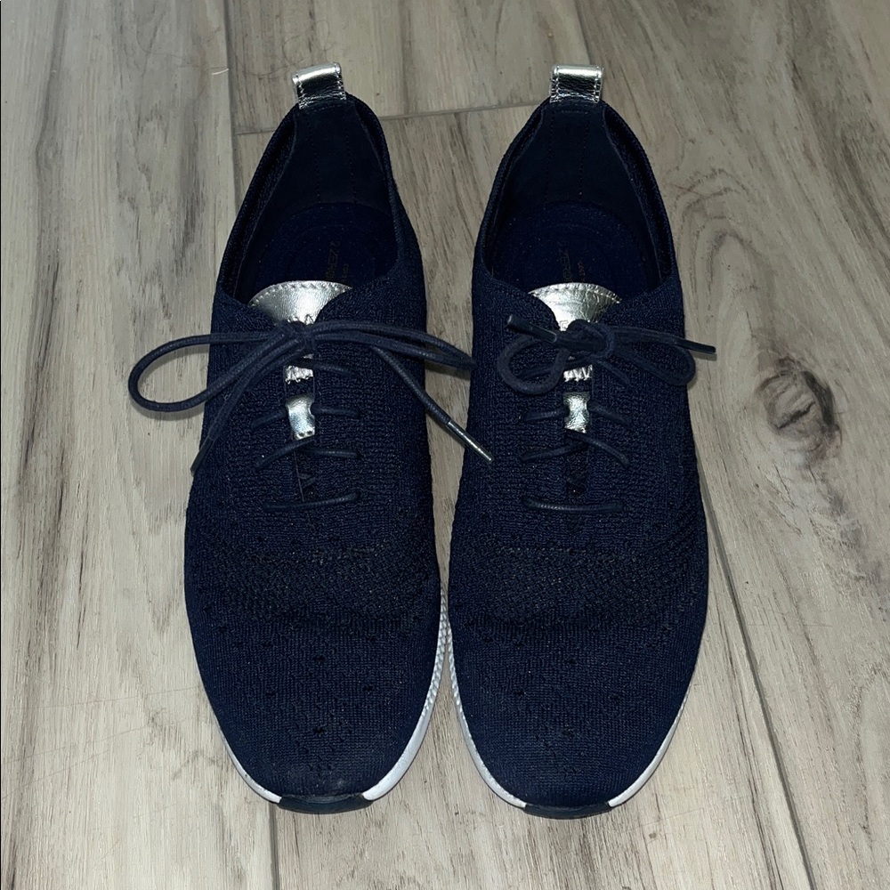 Cole Haan  Navy Knit Lace-Up Sneakers with Silver Accents 2Zerogrand